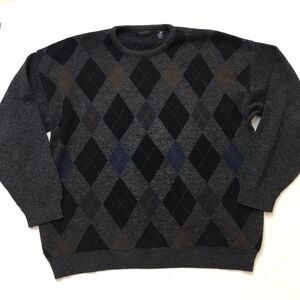 CELLINI Argyle Sweater Men 2XL Black Gray Pure New Merino Made in Italy Crew